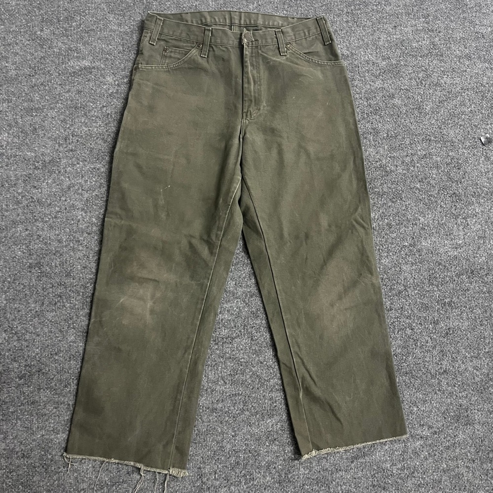 Dickies Carpenter Pants Mens Size 30x24 Olive Green Canvas Distressed Raw Hem - Picture 2 of 8